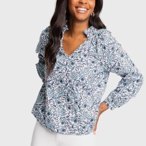 Southern Tide Women’s Aubree Fleur Printed Long Sleeve Top Low Tide Blue Size M